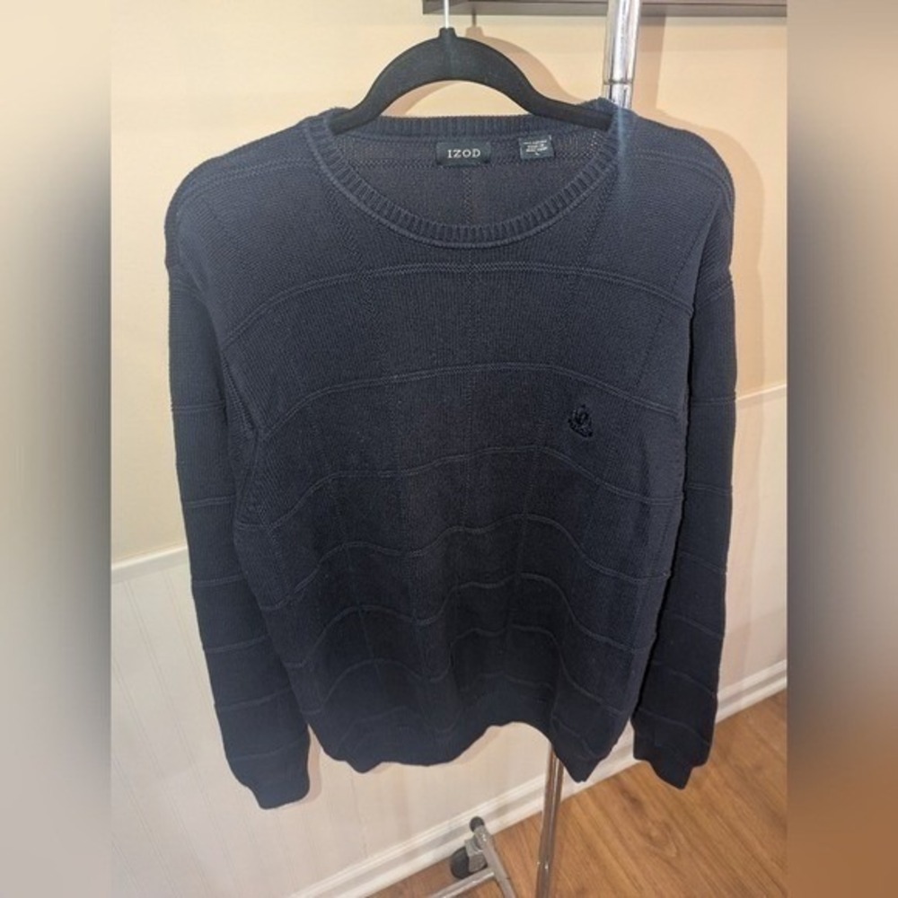 IZOD‎ Mens Navy Blue Textured Grid Knit Crew Neck Cotton Sweater Large